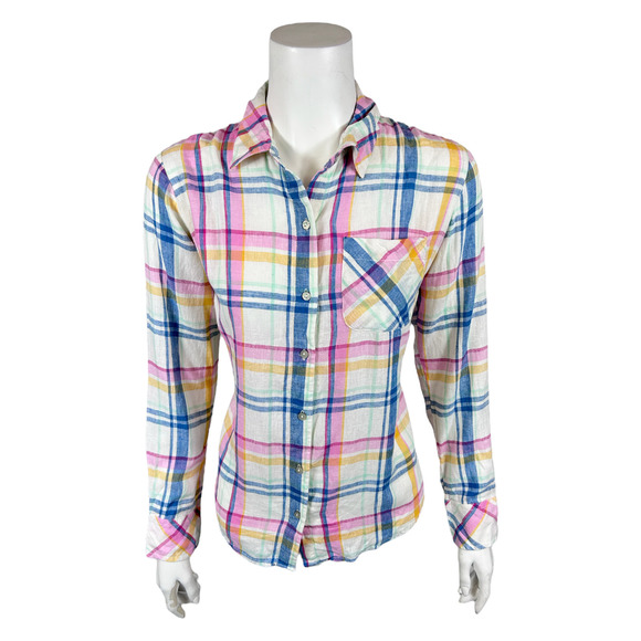 Candace Cameron Bure Regular Linen Blend Button-Front Shirt White Plaid Small Sz - Picture 1 of 2
